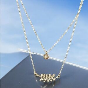 Olive Leaf Crystal Charm Double Chain Silver Color Necklaces